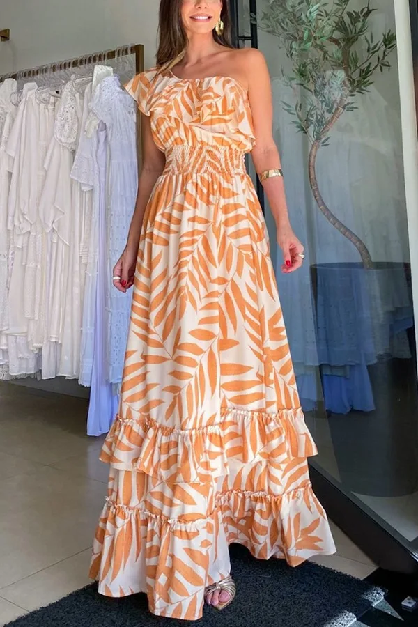 2024 Summer Off Shoulder Maxi Dress Ruffles Sexy Leaf Print Holiday Beachwear Elegant Party Dresses For Women Robes