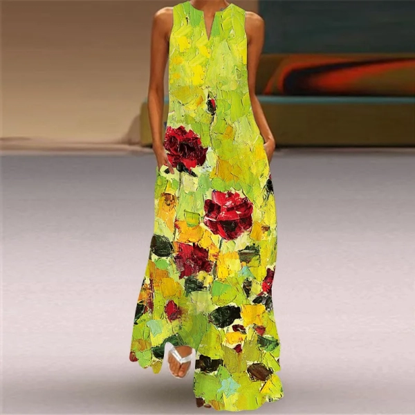 2024 Summer New Retro Tiger Head Pattern Printed Long Dress V-neck Multi color Long Sexy Sleeveless Robe Dress for Women