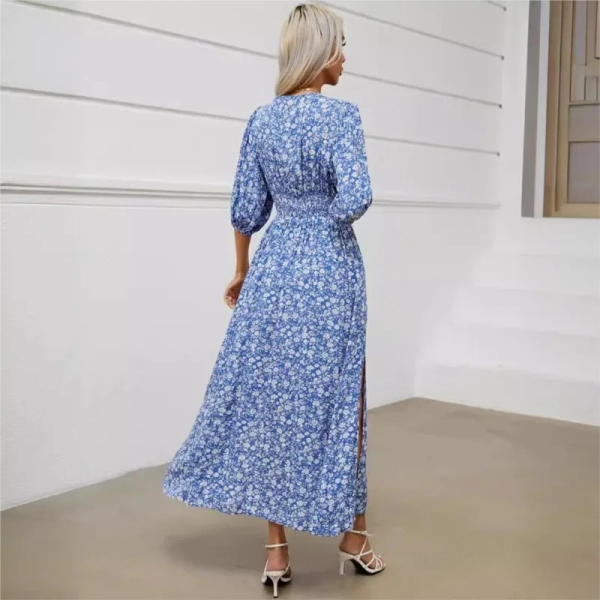 Women 2024 Summer Maxi Dress V Neck Half Puff Sleeve Front Split Blue Elegant Boho Beach Holiday Party Beach Dresses Vestidos