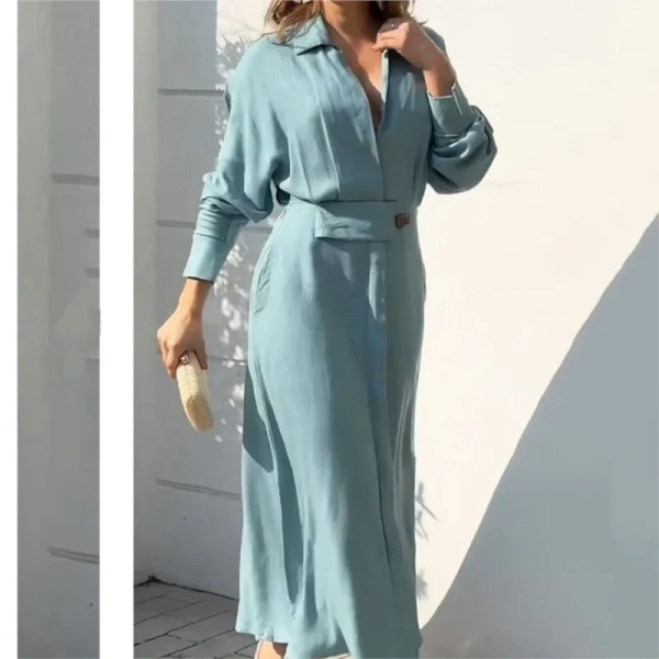 Women Dress 2024 Autumn New Fashion Elegant Long Sleeve Leisure Time Solid Color V Neck Sexy Ladies Shirt Dresses MsChuh