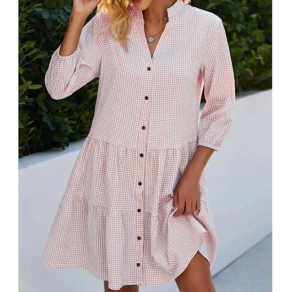 2024 Spring and Autumn Midi Women's Fashion Dress Five Sleeve Women Checkered Stand Collar Shirt Vestidos Verano Vestidos Dress