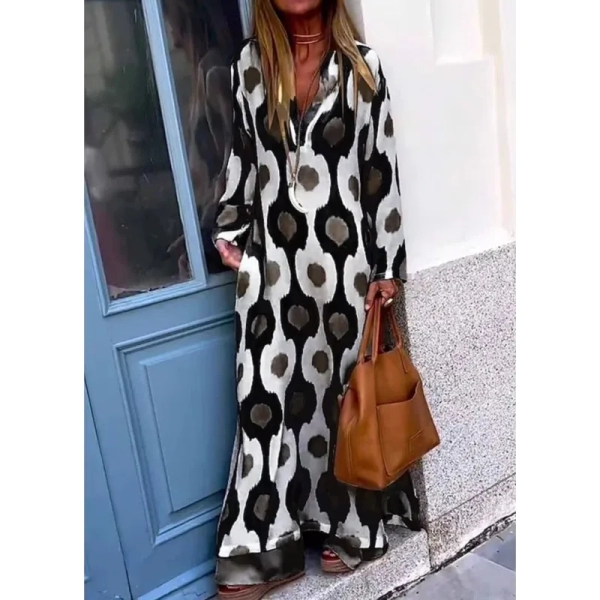 Spring Autumn Casual V Neck Long Sleeve Dress Women Fashion Geometric Printing Split Maxi Dresses Holiday Beach Boho Dress 2024