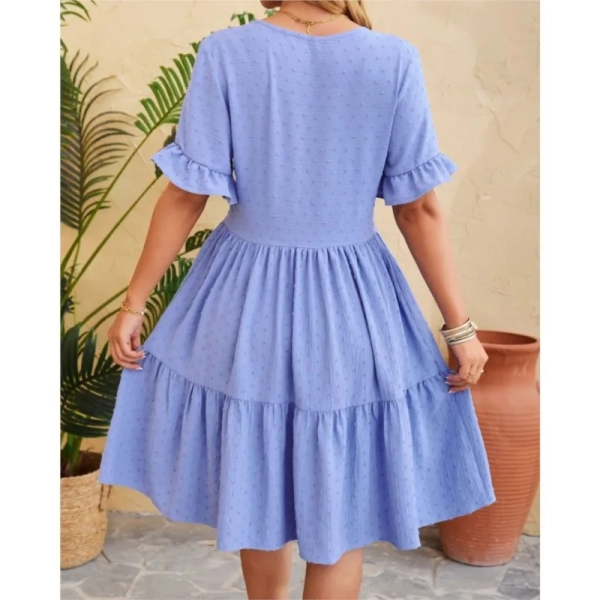 Women's Solid Color Button Ruffle Knee Length Dress 2024 Summer New V-neck Jacquard Half Sleeve Pleated Party Dress Vesstidos