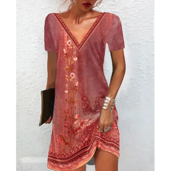 2024 Summer Fashion Women's Ethnic Style Printed Slim Fit Dress Casual V-neck Long Sleeve+Short Sleeve Over Knee Skirt