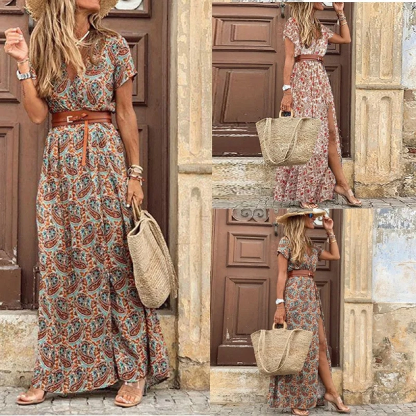 Women's Summer Casual Loose Fitting Dress Fashionable V-neck Short Sleeved Dress Holiday Party Bohemian Style Floral Long Dress