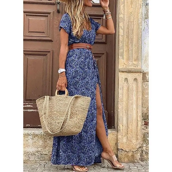 Women's Summer Casual Loose Fitting Dress Fashionable V-neck Short Sleeved Dress Holiday Party Bohemian Style Floral Long Dress