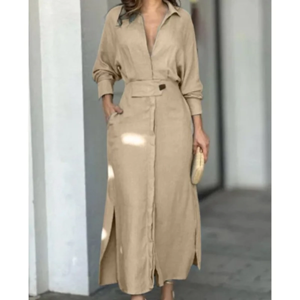 Women Dress 2024 Autumn New Fashion Elegant Long Sleeve Leisure Time Solid Color V Neck Sexy Ladies Shirt Dresses MsChuh