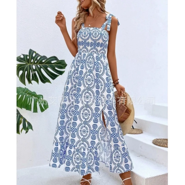 Elegant women's clothing 2024 summer new fashionable suspender print sleeveless slit personalized street long dress y2k