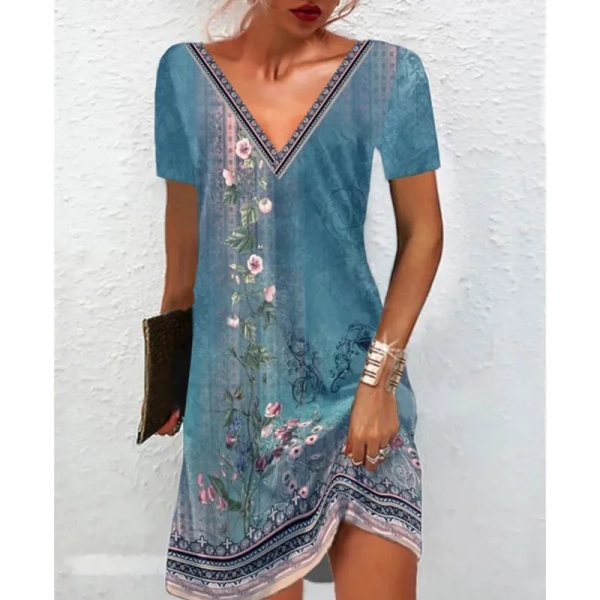 2024 Summer Fashion Women's Ethnic Style Printed Slim Fit Dress Casual V-neck Long Sleeve+Short Sleeve Over Knee Skirt