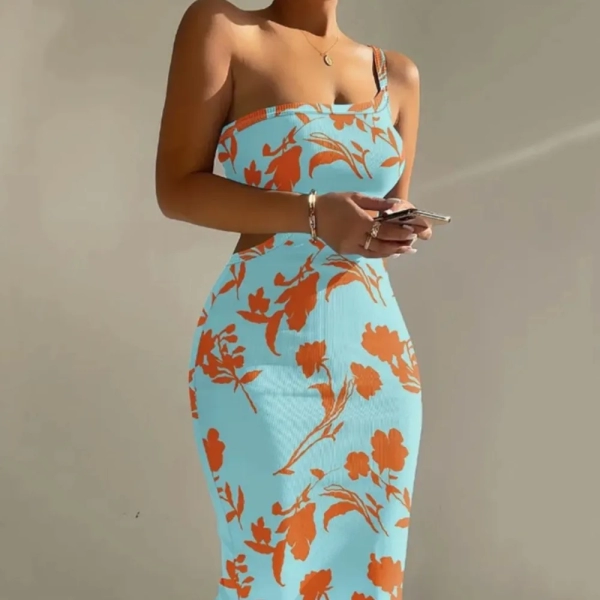 Print One Shoulder Spaghetti Strap Dresses Women Sexy Hollow Out Backless Package Hip Bodycon Dress Fashion Trendy Lady Vestidos