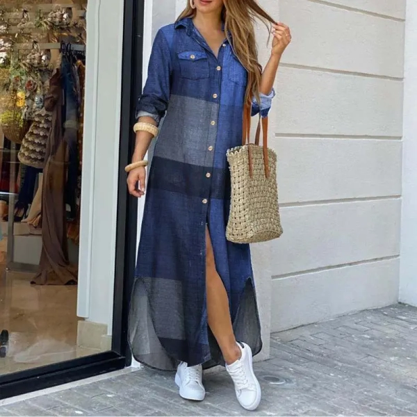 Women's New Long sleeved Shirt Skirt Women's Long Skirt Flip Collar Mid Waist Dress Elegant Commuter Print Button Cardigan Dress