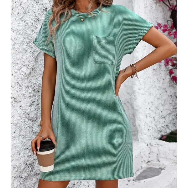 2024 new women's summer casual patchwork contrasting twisted bat short sleeved pocket round neck pullover dress y2k