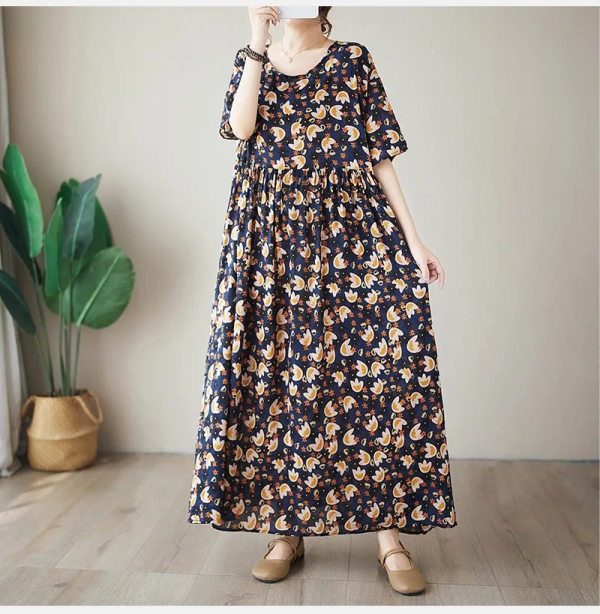 Elegant Floral Printed Boho Maxi Dress Women's Summer Sundress 2024 Half Sleeve Maxi Vestidos Female Casual O Neck Floral Robes