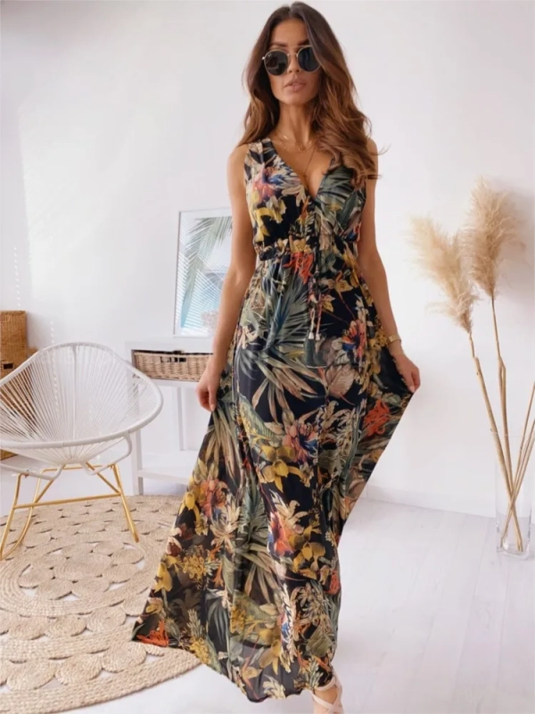 Fashion Printed Beach Dresses For Women Sexy Deep V-neck Backless Leace-up Casual Vacation Sleeveless A-line Long Dress Vestidos