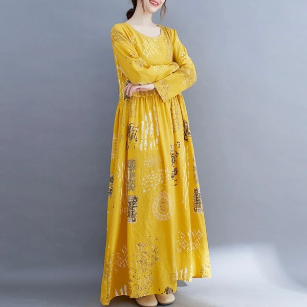 Yellow Oversized Women's Floral Sundress 2024 Printed Maxi Dress Elegant Autumn Casual Long Sleeve Vestidos Female Cotton Robes