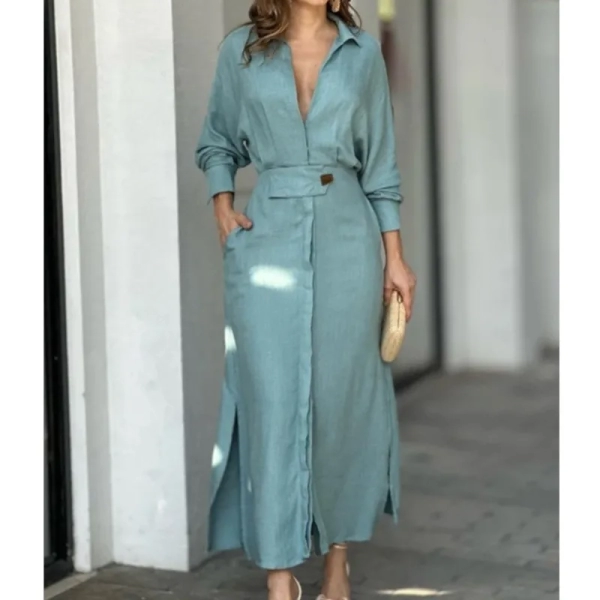 Women Dress 2024 Autumn New Fashion Elegant Long Sleeve Leisure Time Solid Color V Neck Sexy Ladies Shirt Dresses MsChuh