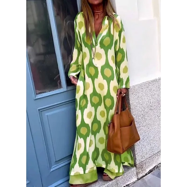 Spring Autumn Casual V Neck Long Sleeve Dress Women Fashion Geometric Printing Split Maxi Dresses Holiday Beach Boho Dress 2024