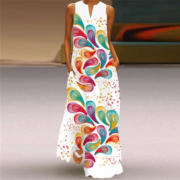 Summer Fashion Elegant V-Neck Printed Long Dress Art Retro Large Swing Dress Long Dresses Vestidos Ropa Mujer Robe Maxi Elegante