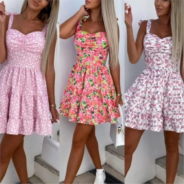 2024 Summer Fashion Short Boho Dress Women Mini Floral Print Dress Female Sleeveless Hanging Belt Printed Waist Folded Dress Y2K