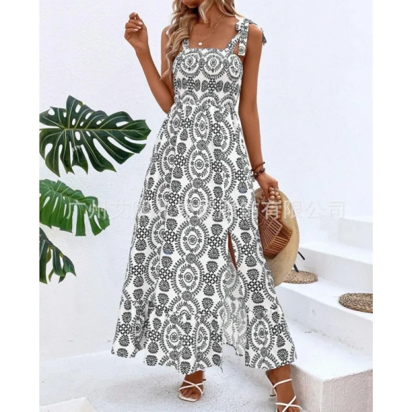 Elegant women's clothing 2024 summer new fashionable suspender print sleeveless slit personalized street long dress y2k