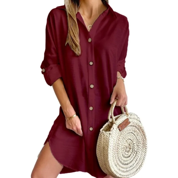 Solid color button up front shirt dress for women, 2024 autumn casual long sleeved lapel button up shirt dress for women