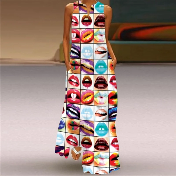 2024 Summer New Retro Tiger Head Pattern Printed Long Dress V-neck Multi color Long Sexy Sleeveless Robe Dress for Women