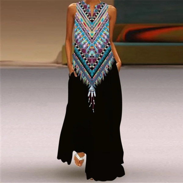 2024 Summer New Retro Tiger Head Pattern Printed Long Dress V-neck Multi color Long Sexy Sleeveless Robe Dress for Women