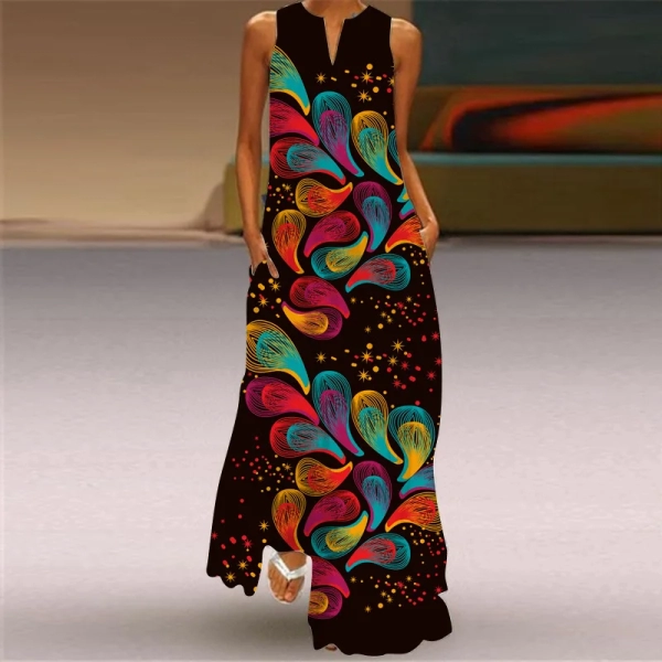 Summer Fashion Elegant V-Neck Printed Long Dress Art Retro Large Swing Dress Long Dresses Vestidos Ropa Mujer Robe Maxi Elegante