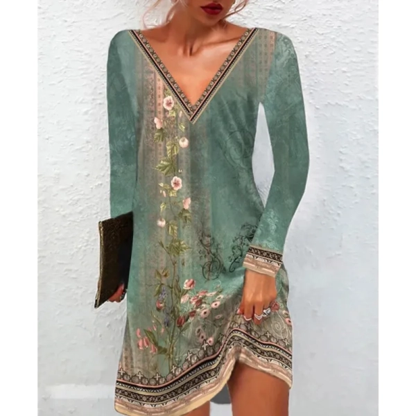 2024 Summer Fashion Women's Ethnic Style Printed Slim Fit Dress Casual V-neck Long Sleeve+Short Sleeve Over Knee Skirt