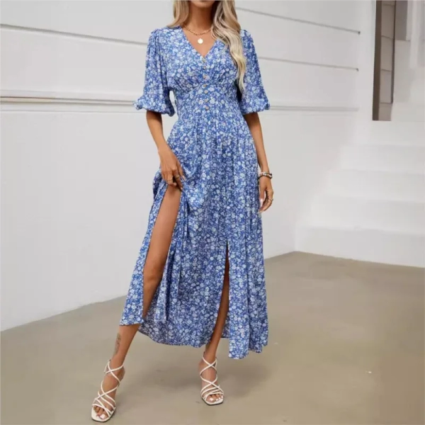 Women 2024 Summer Maxi Dress V Neck Half Puff Sleeve Front Split Blue Elegant Boho Beach Holiday Party Beach Dresses Vestidos