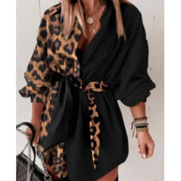 Daily Dresses for Women 2024 Spring Leopard Print Lantern Sleeve Turn-Down Collar Loose High Waist Mini Shirt Dress with Belt