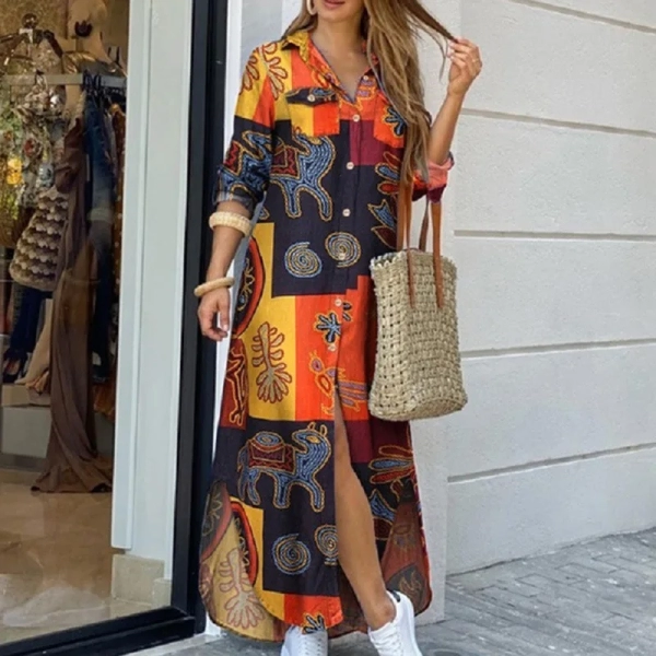 Women's New Long sleeved Shirt Skirt Women's Long Skirt Flip Collar Mid Waist Dress Elegant Commuter Print Button Cardigan Dress