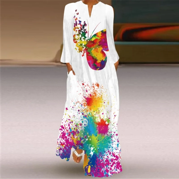 2024 Spring and Autumn New Beach Style Women's Retro Butterfly Print Long Dress V-neck Long Sleeve Insert Pocket Summer Dress