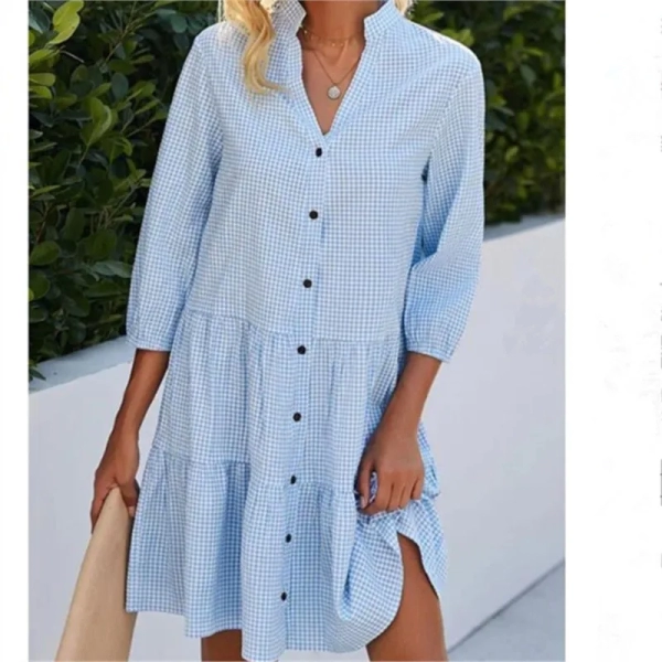 2024 Spring and Autumn Midi Women's Fashion Dress Five Sleeve Women Checkered Stand Collar Shirt Vestidos Verano Vestidos Dress