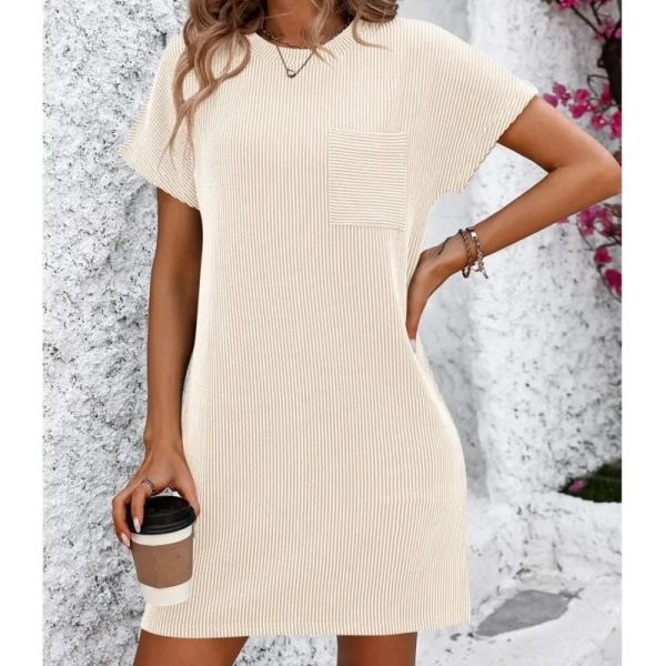 2024 new women's summer casual patchwork contrasting twisted bat short sleeved pocket round neck pullover dress y2k