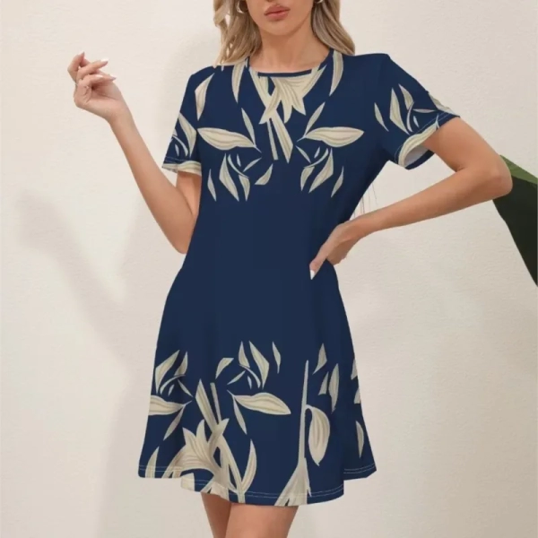 Elegant Women's Midi Dress Flower 2024 Summer Slim Fit Short Sleeve Round Neck Dress Beach Vacation Women's Wear