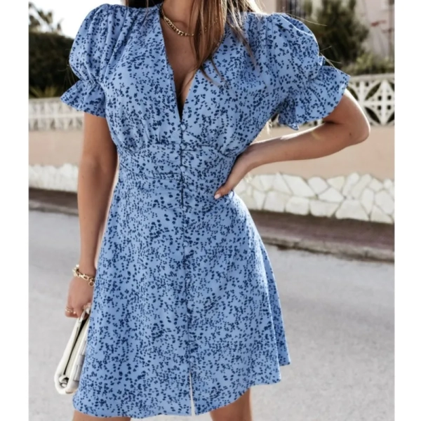 Fashionable and sexy women's 2024 summer new print V-neck ruffle sleeves high waist single breasted mini floral dress