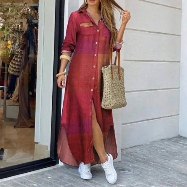 Women's New Long sleeved Shirt Skirt Women's Long Skirt Flip Collar Mid Waist Dress Elegant Commuter Print Button Cardigan Dress