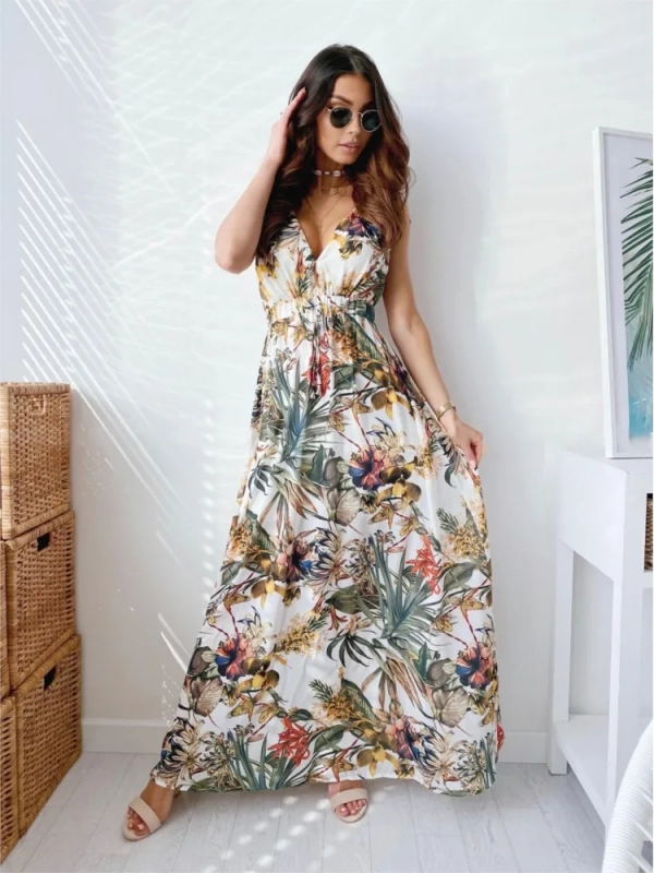 Fashion Printed Beach Dresses For Women Sexy Deep V-neck Backless Leace-up Casual Vacation Sleeveless A-line Long Dress Vestidos