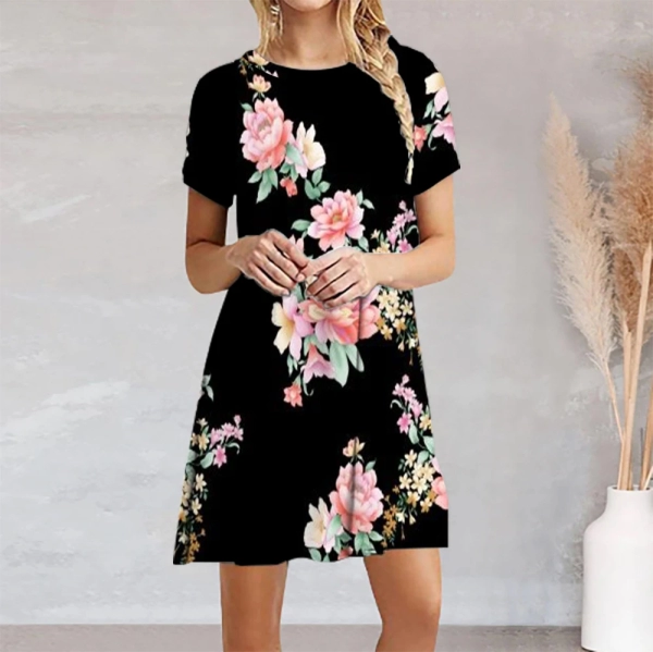 Colorful floral pattern casual women's new 2024 spring/summer fashion elegant short sleeved O-neck gradient printed dress