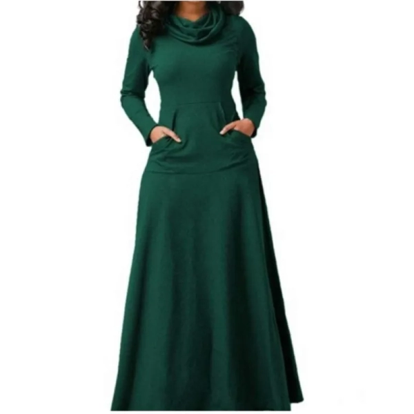 Autumn Winter Solid Color Splicing Pocket Neck Large Pendant Long Dress 2024 Casual Women's High Waist Long Sleeve Maxi Dresses