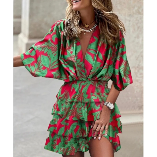 Women's Sport Dress V-Neck Loose Batwing Sleeve Elastic Waist Printed Dress Mini Casual Ruffle Hem Dresses