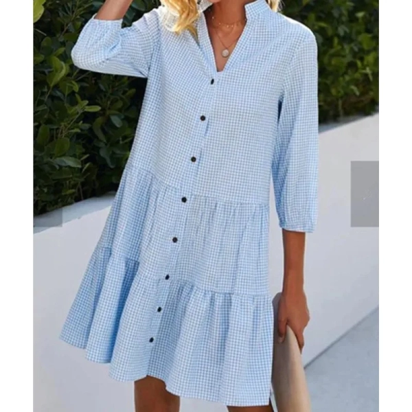 2024 Spring and Autumn Midi Women's Fashion Dress Five Sleeve Women Checkered Stand Collar Shirt Vestidos Verano Vestidos Dress