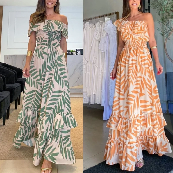 2024 Summer Off Shoulder Maxi Dress Ruffles Sexy Leaf Print Holiday Beachwear Elegant Party Dresses For Women Robes