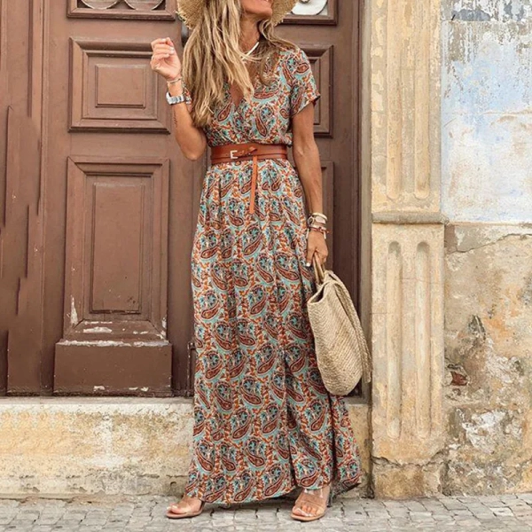 Women's Summer Casual Loose Fitting Dress Fashionable V-neck Short Sleeved Dress Holiday Party Bohemian Style Floral Long Dress