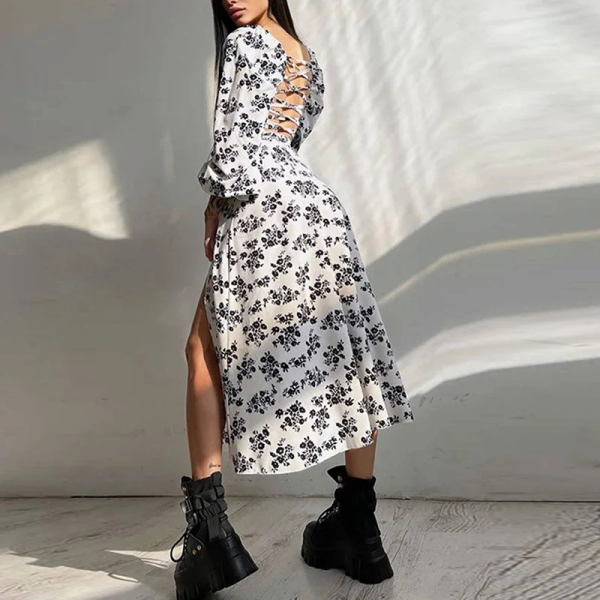 Women summer dress 2023 new square collar temperament elegant printed lantern sleeve slit woman dresses vestidos GHH8551