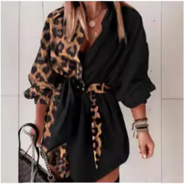 Daily Dresses for Women 2024 Spring Leopard Print Lantern Sleeve Turn-Down Collar Loose High Waist Mini Shirt Dress with Belt