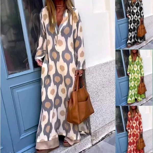 Spring Autumn Casual V Neck Long Sleeve Dress Women Fashion Geometric Printing Split Maxi Dresses Holiday Beach Boho Dress 2024