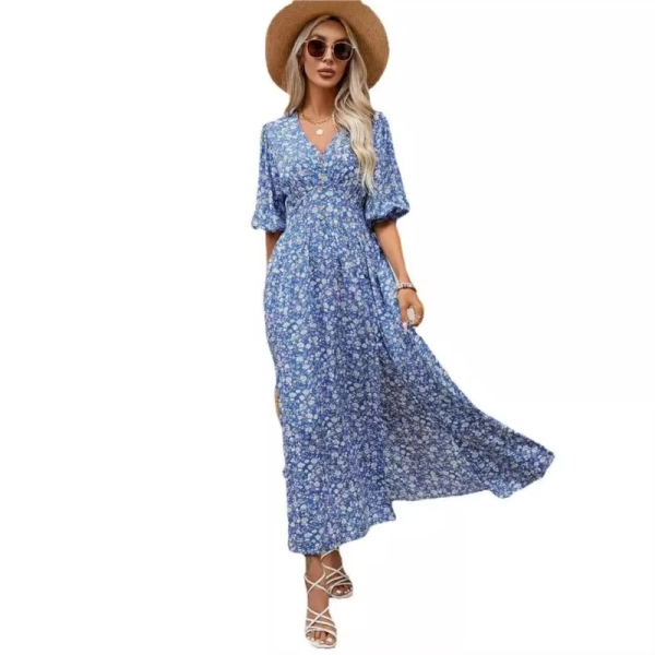 Women 2024 Summer Maxi Dress V Neck Half Puff Sleeve Front Split Blue Elegant Boho Beach Holiday Party Beach Dresses Vestidos