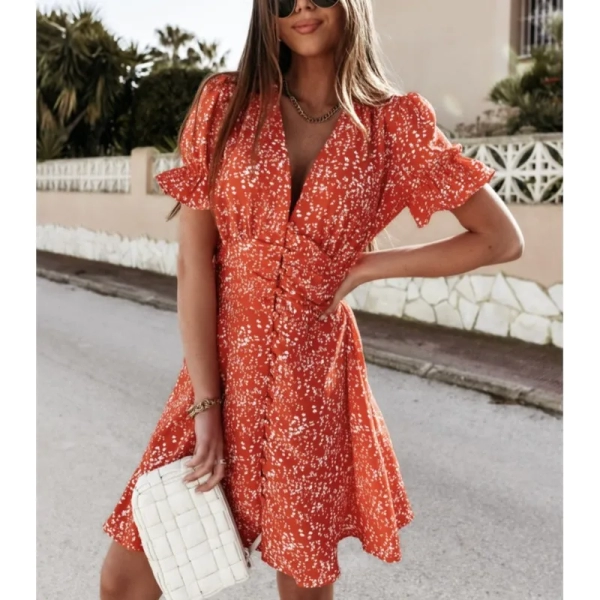 Fashionable and sexy women's 2024 summer new print V-neck ruffle sleeves high waist single breasted mini floral dress